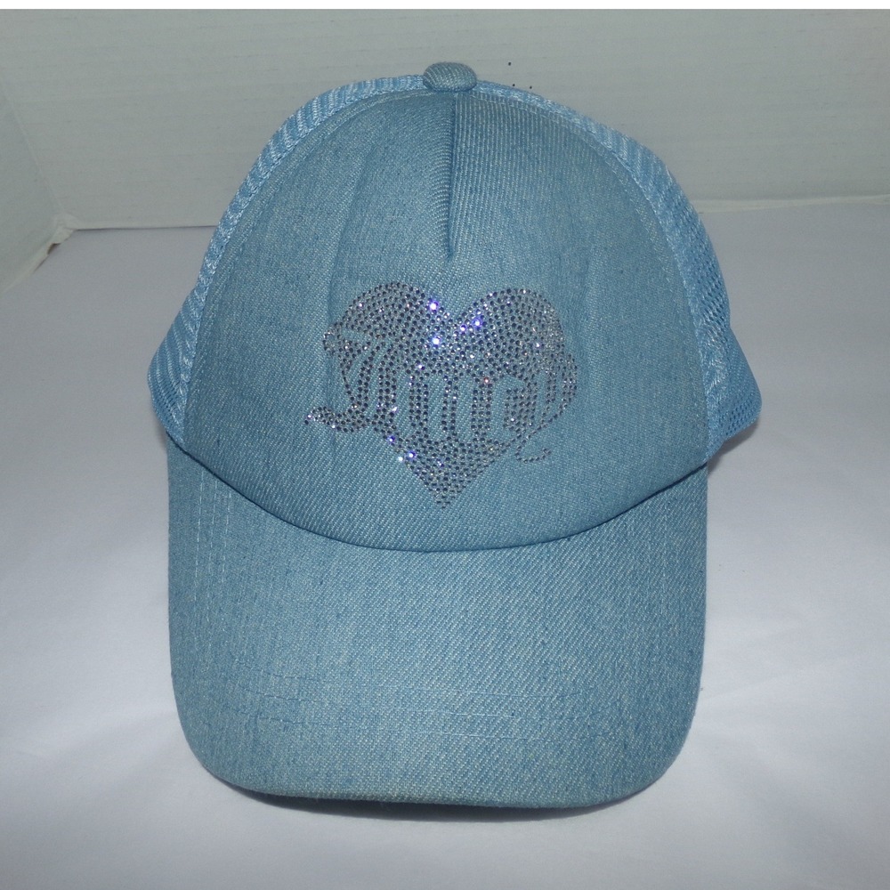 Juicy Couture Denim Trucker Hat Light Blue Rhinestone Heart Logo Snapback Cap